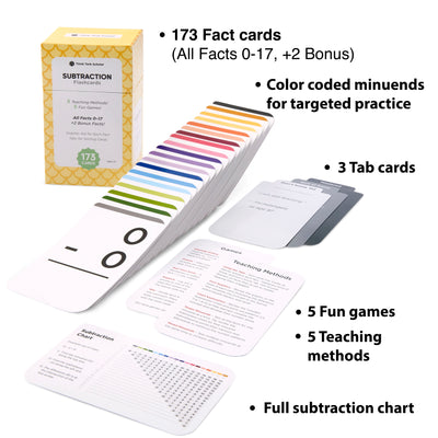 The subtraction flash card box comes with 173 fact cards