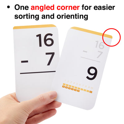 Each subtraction flash card comes with one angled corner for easier sorting.